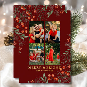 Merry & Bright Christmas Photo Collage Floral Foil Holiday Card