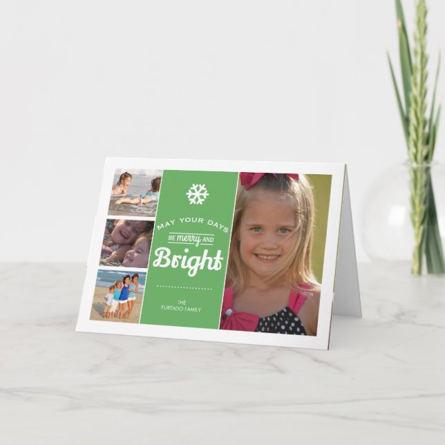 Merry Bright Christmas Photo Collage Holiday Green Card (Front)