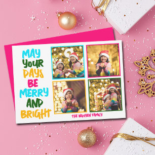 Merry Bright Christmas Photo Collage Pink Holiday Card