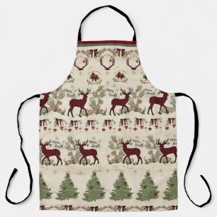 Merry Bright Christmas Pine Tree Deer Rustic Wood Apron