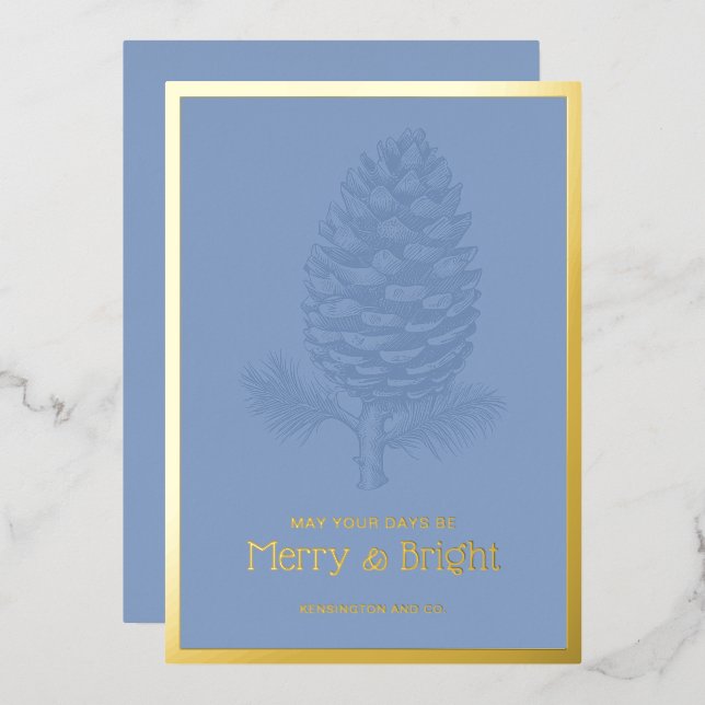 Merry & Bright Christmas Pinecone Blue Corporate Foil Holiday Card (Front/Back)