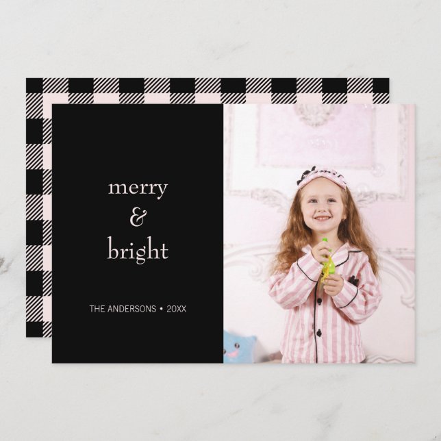 Merry & Bright Christmas Pink and Black Photo Holiday Card (Front/Back)