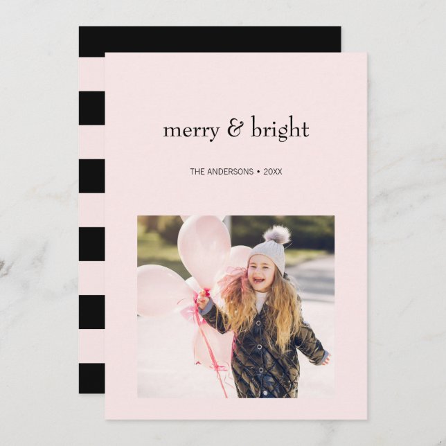 Merry & Bright Christmas Pink and Black Photo Holiday Card (Front/Back)