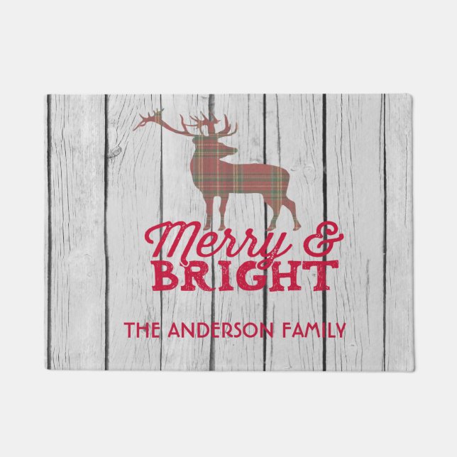 Merry & Bright Christmas Plaid Deer Door Mat (Front)