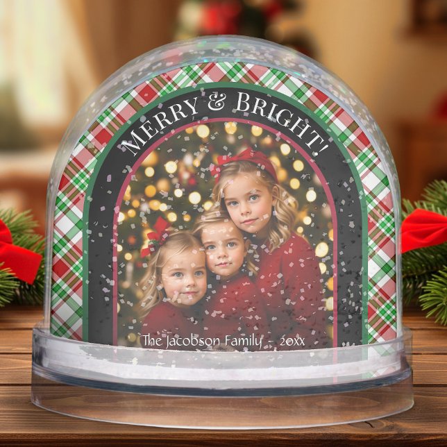 Merry & Bright! Christmas Plaid Holiday Photo Snowglobe (Same Image on Front and Back)