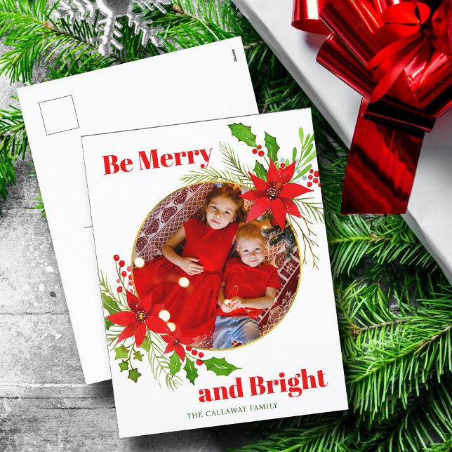 Merry & Bright Christmas Poinsettia Family Photo Holiday Postcard (Creator Uploaded)