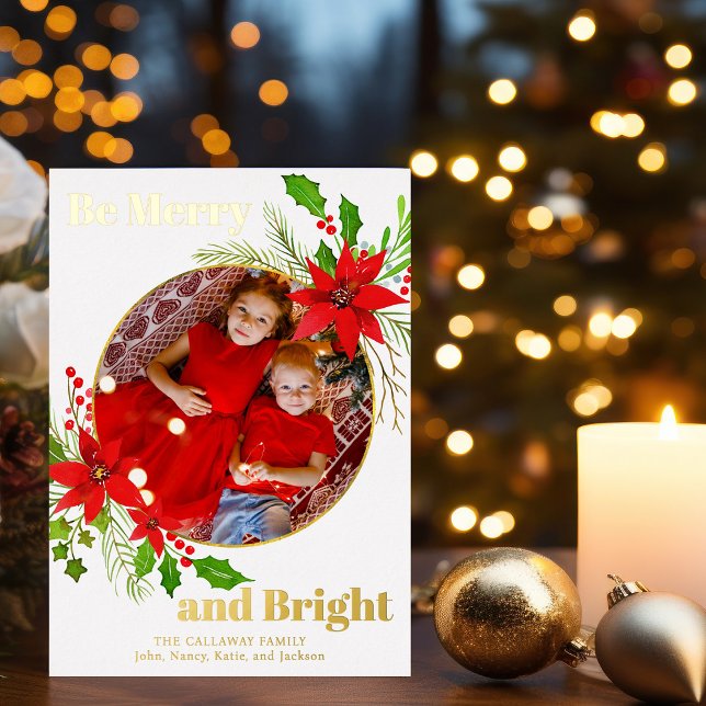 Merry & Bright Christmas Poinsettia Photo Gold Foil Holiday Card (Creator Uploaded)