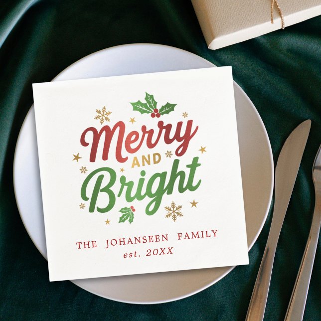 Merry & Bright Christmas Red and Green Typography Napkin (Creator Uploaded)