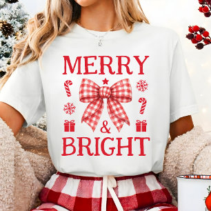 Merry & Bright Christmas Red Gingham Bow Shirt
