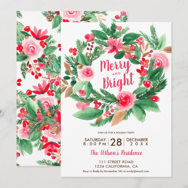 merry Bright Christmas red green floral wreath Invitation (Front/Back)