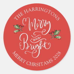 Merry Bright Christmas Red Personalised Party Classic Round Sticker