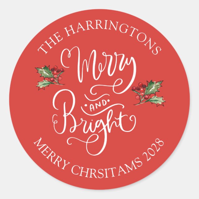 Merry Bright Christmas Red Personalised Party Classic Round Sticker (Front)