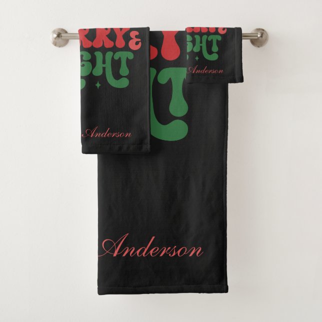 MERRY & BRIGHT CHRISTMAS SCRIPT CUSTOM MONOGRAM BATH TOWEL SET (Insitu)