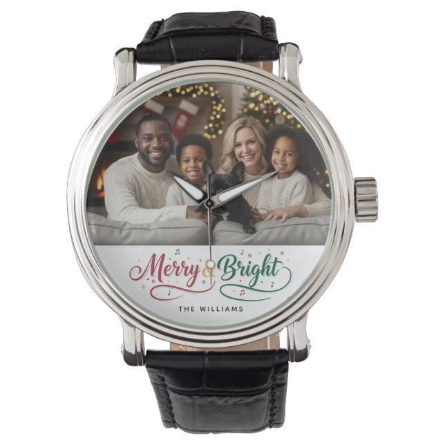 Merry & Bright Christmas Script Custom Photo Men's Watch (Front)