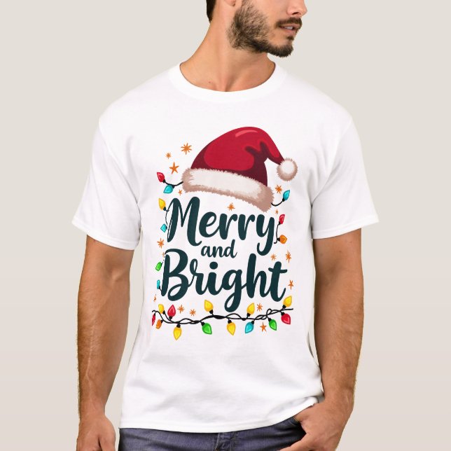 Merry & Bright Christmas Shirt - Festive Santa Hat (Front)