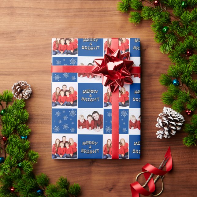 Merry & Bright Christmas Snowflake Photo Blue Wrapping Paper (Holiday Gift)