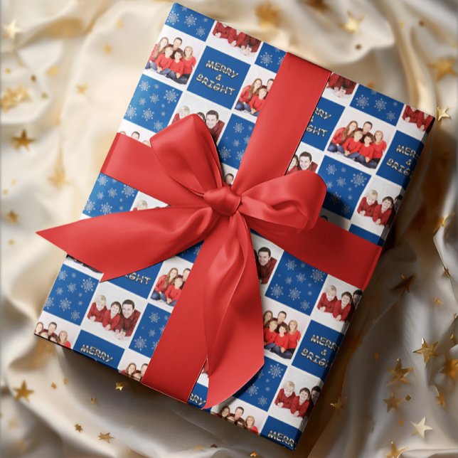 Merry & Bright Christmas Snowflake Photo Blue Wrapping Paper Sheet (Creator Uploaded)
