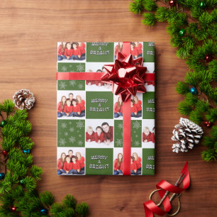 Merry & Bright Christmas Snowflake Photo Green Wrapping Paper