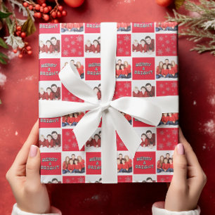 Merry & Bright Christmas Snowflake Photo Red Wrapping Paper Sheet