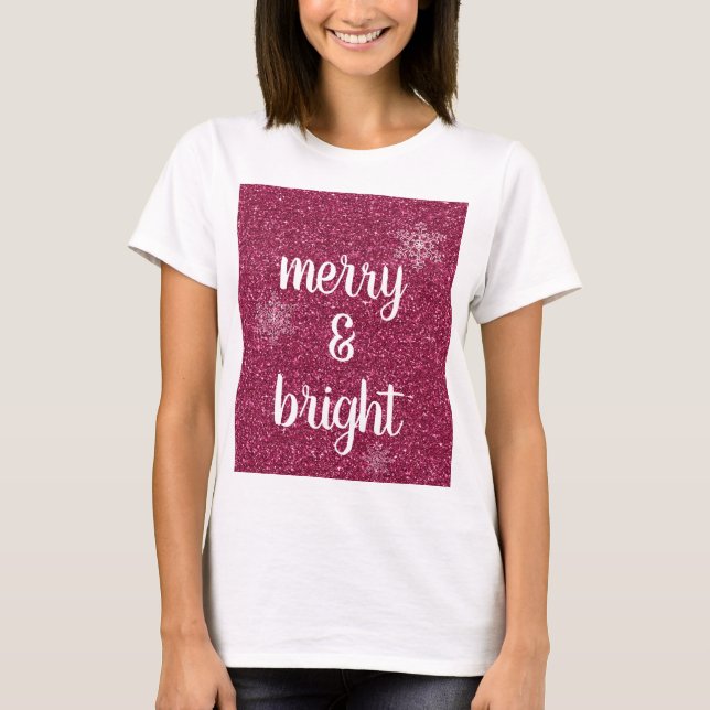 Merry & Bright Christmas Snowflakes Red Glitter T-Shirt (Front)