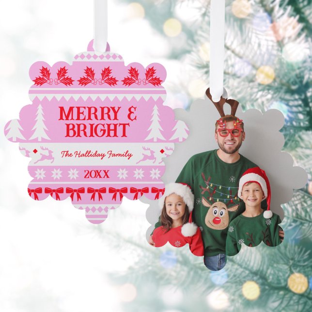 Merry & Bright Christmas Sweater Family Photo Tree Decoration Card (Merry & Bright Christmas Sweater Family Photo Ornament Card)