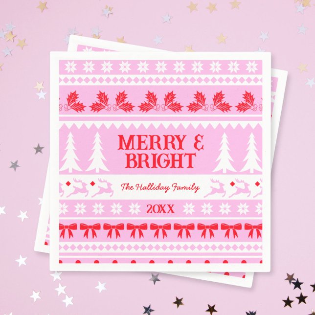 Merry & Bright Christmas Sweater Pink and Red Napkin (Merry & Bright Christmas Sweater Pink and Red Napkins)