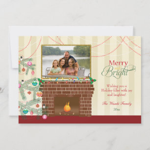 Merry & Bright Christmas tree fireplace photo card