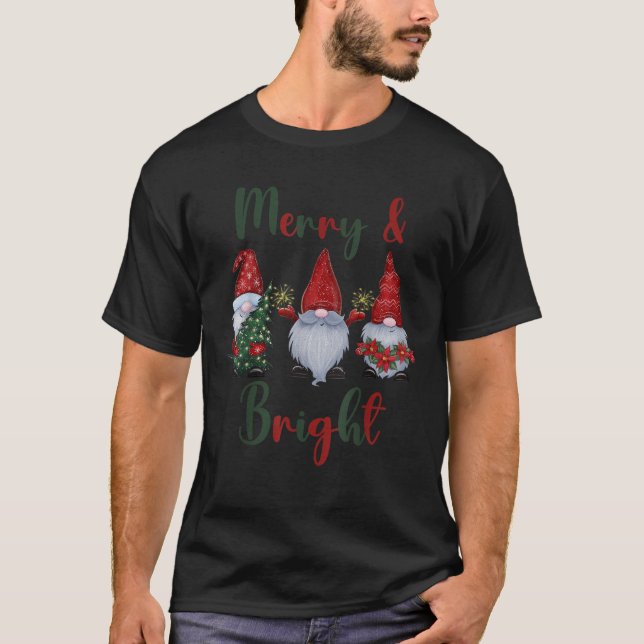 Merry Bright Christmas Tree Gnomes Sparkles Poinse T-Shirt (Front)
