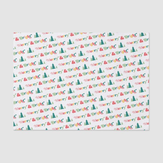 Merry & bright Christmas trees colourful retro fon Tissue Paper (Front)