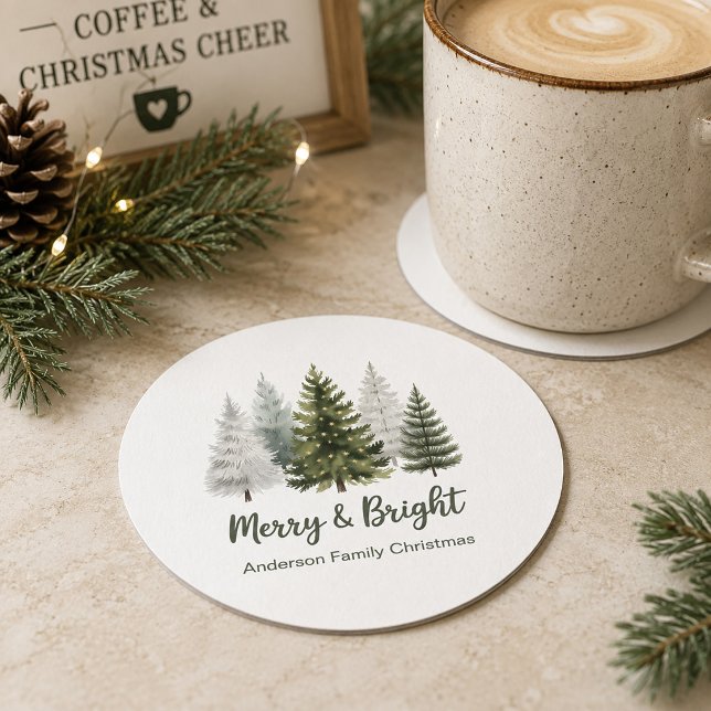 Merry & Bright Christmas Trees Round Paper Coaster (Pine trees-Merry and Bright-Family name Christmas paper coasters)