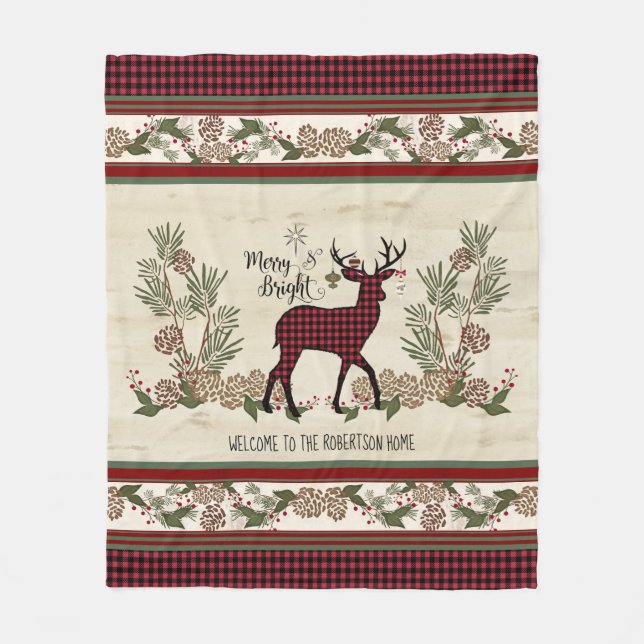 Merry Bright Christmas Winter Family Name w Deer Fleece Blanket (Front)