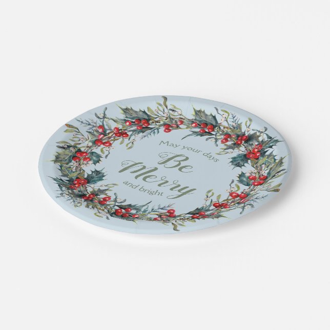 Merry Bright Christmas Wreath Berries Green Leaves Paper Plate (Angled)