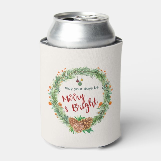 Merry & Bright Christmas Wreath Can Cooler (Can Front)