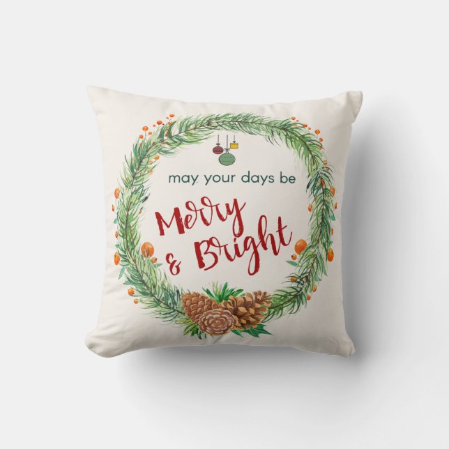Merry & Bright Christmas Wreath Cushion (Front)