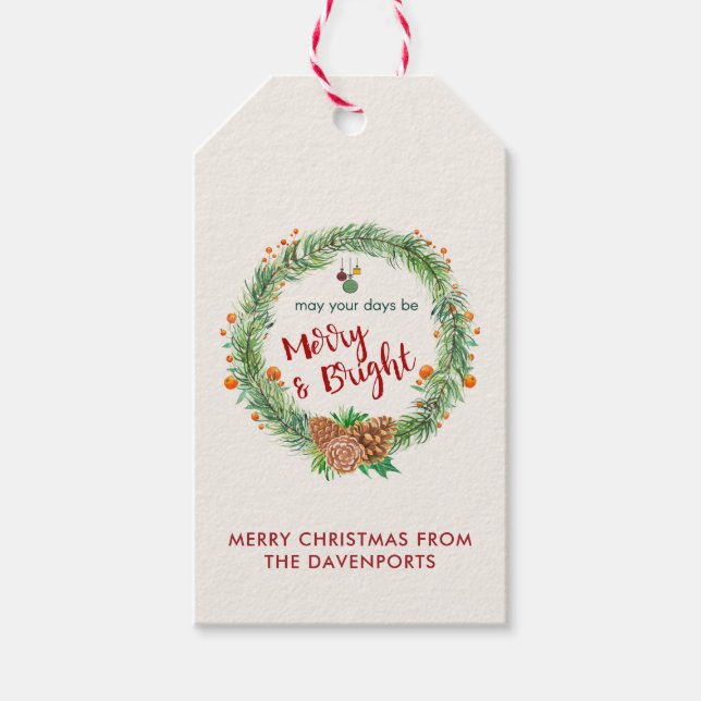 Merry & Bright Christmas Wreath Gift Tags (Front)