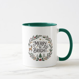 Merry & Bright Christmas Wreath Green Handle Mug