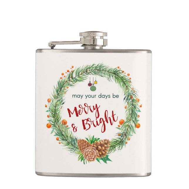 Merry & Bright Christmas Wreath Hip Flask (Front)