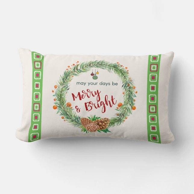 Merry & Bright Christmas Wreath Lumbar Cushion (Front)