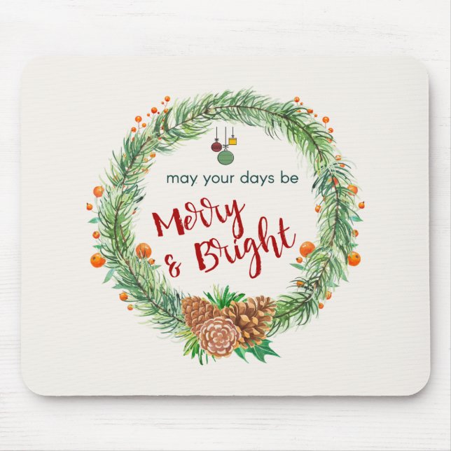 Merry & Bright Christmas Wreath Mouse Mat (Front)