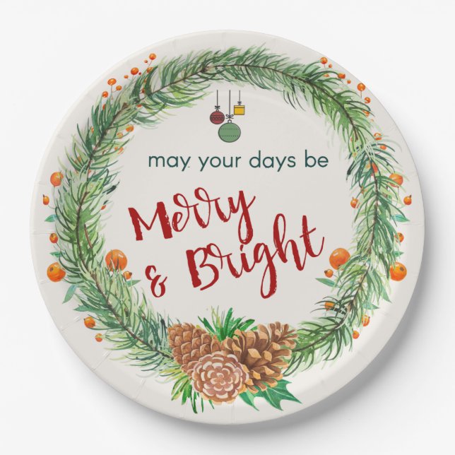 Merry & Bright Christmas Wreath Paper Plate (Front)