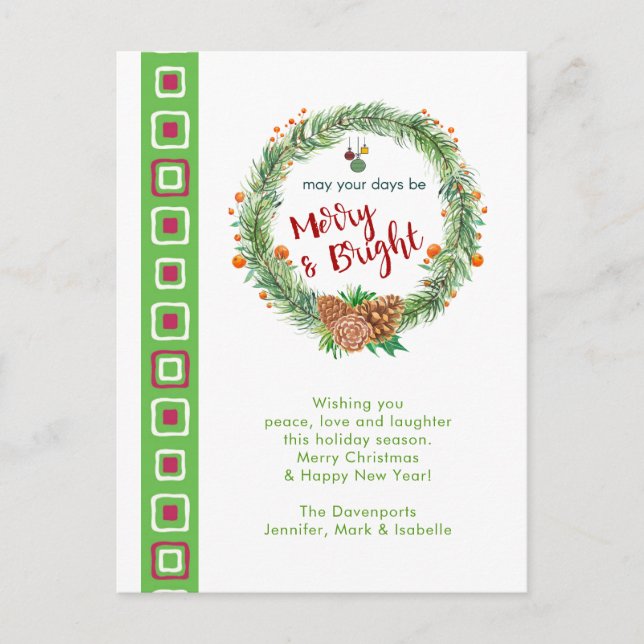 Merry & Bright Christmas Wreath Postcard (Front)