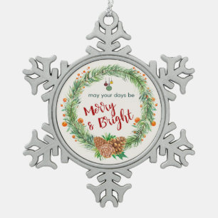 Merry & Bright Christmas Wreath Snowflake Pewter Christmas Ornament