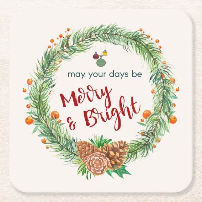 Merry & Bright Christmas Wreath Square Paper Coaster (Front)