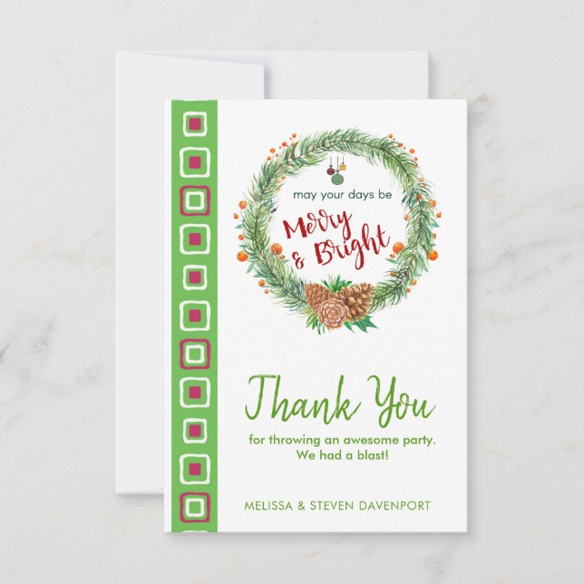 Merry & Bright Christmas Wreath Thank You Card (Front)
