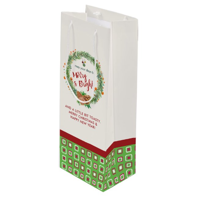 Merry & Bright Christmas Wreath Wine Gift Bag (Front Angled)
