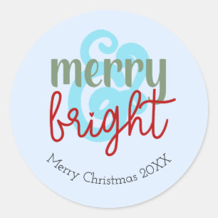Merry & Bright Christmas Year Cute Blue Classic Round Sticker