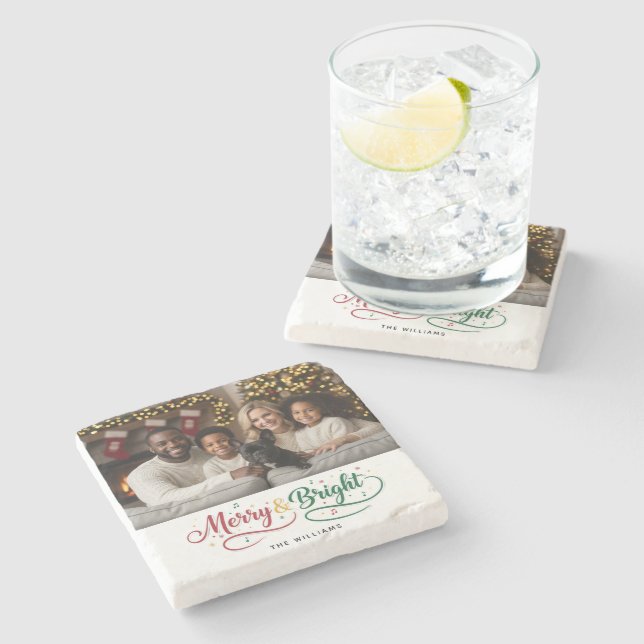 Merry & Bright Classic Script Custom Photo  Stone Coaster (Side)