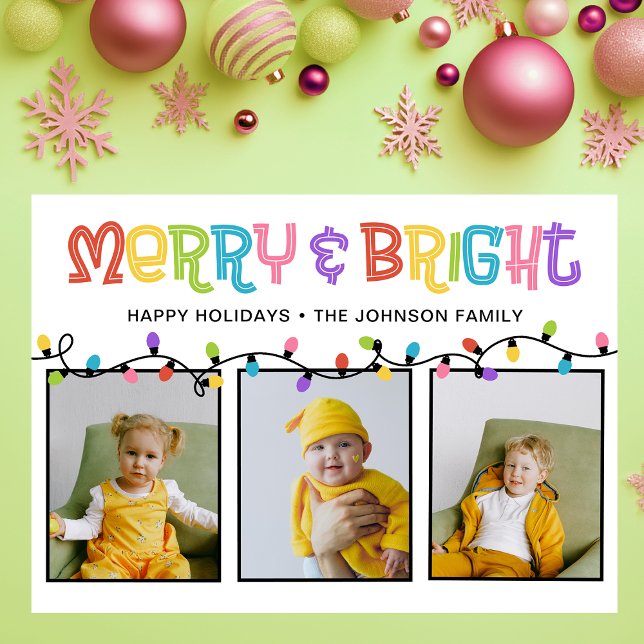 Merry & Bright Colourful 3 Photo Holiday Card (Creator Uploaded)