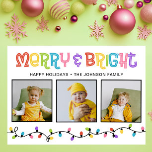 Merry & Bright Colourful 3 Photo Holiday Card