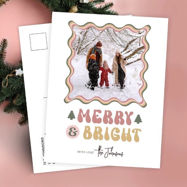 Merry & Bright Colourful 80s Retro Photo Christmas Holiday Postcard (Embrace the retro charm with this colorful Merry & Bright family photo Christmas postcard)